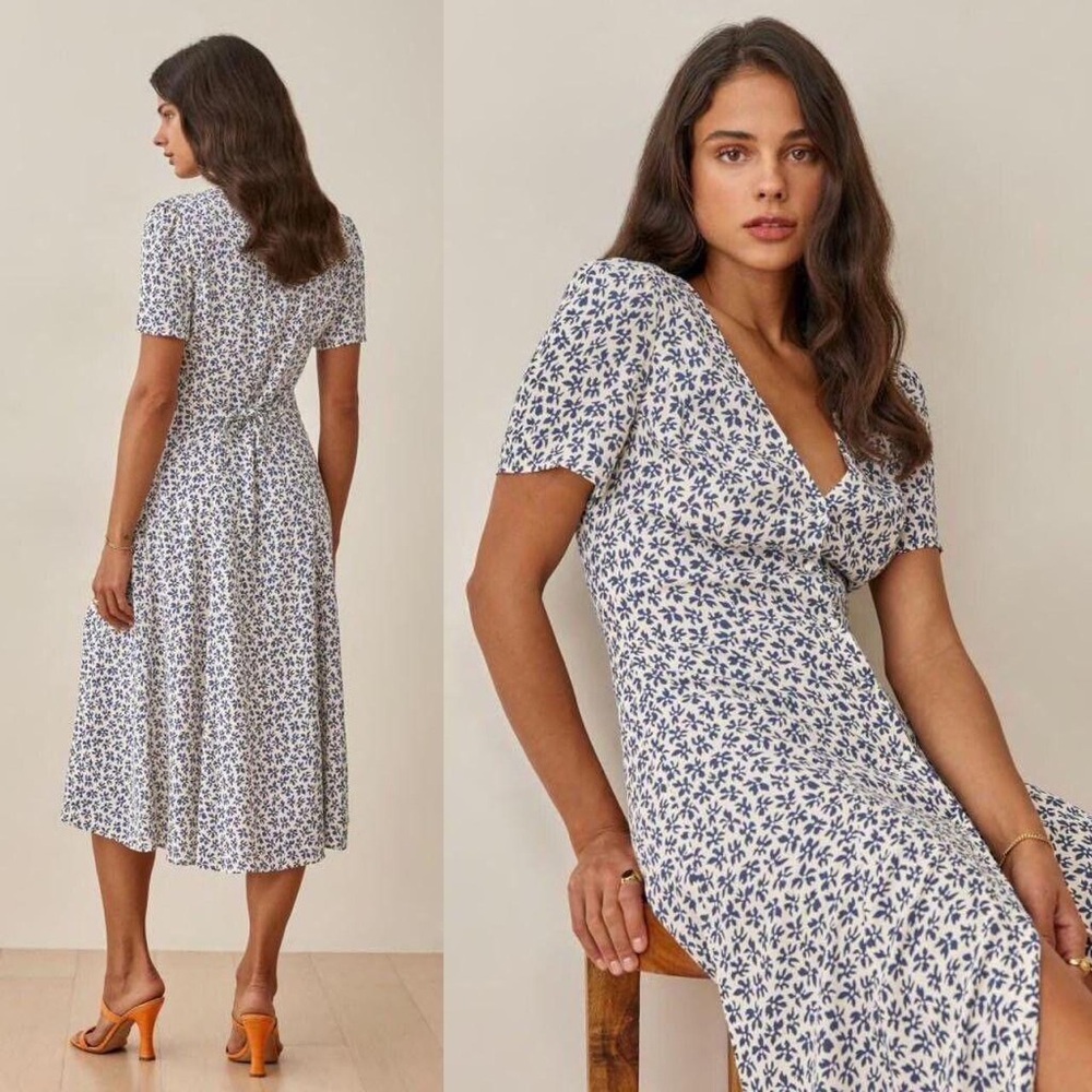 Reformation White Midi Dress with Blue Floral Print